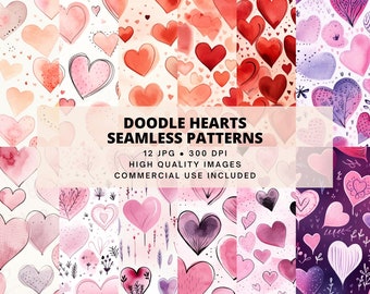 Watercolor Heart Seamless Patterns, Doodle Hearts Illustrations, Valentine's Day Digital Paper, Commercial Use, Commercial Use 3478
