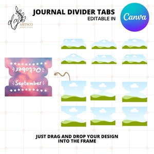 May include: A digital template for creating journal divider tabs. The template features a design with a blue sky, white clouds, and green hills. The text "September" is written on a pink and purple background with stars. The text "Editable in Canva" is also included.