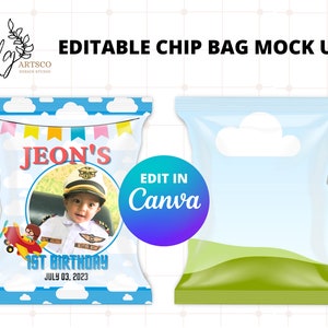 Chip bag mockup, Canva editable chip bag template, personalize party favor mockup, drag and drop canva frame mock-up, custom favor bags