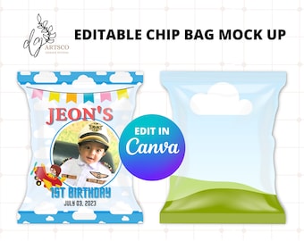 Maqueta de bolsa de chips, plantilla de bolsa de chips editable en Canva, maqueta de recuerdo de fiesta personalizada, maqueta de marco de canva de arrastrar y soltar, bolsas de regalo personalizadas
