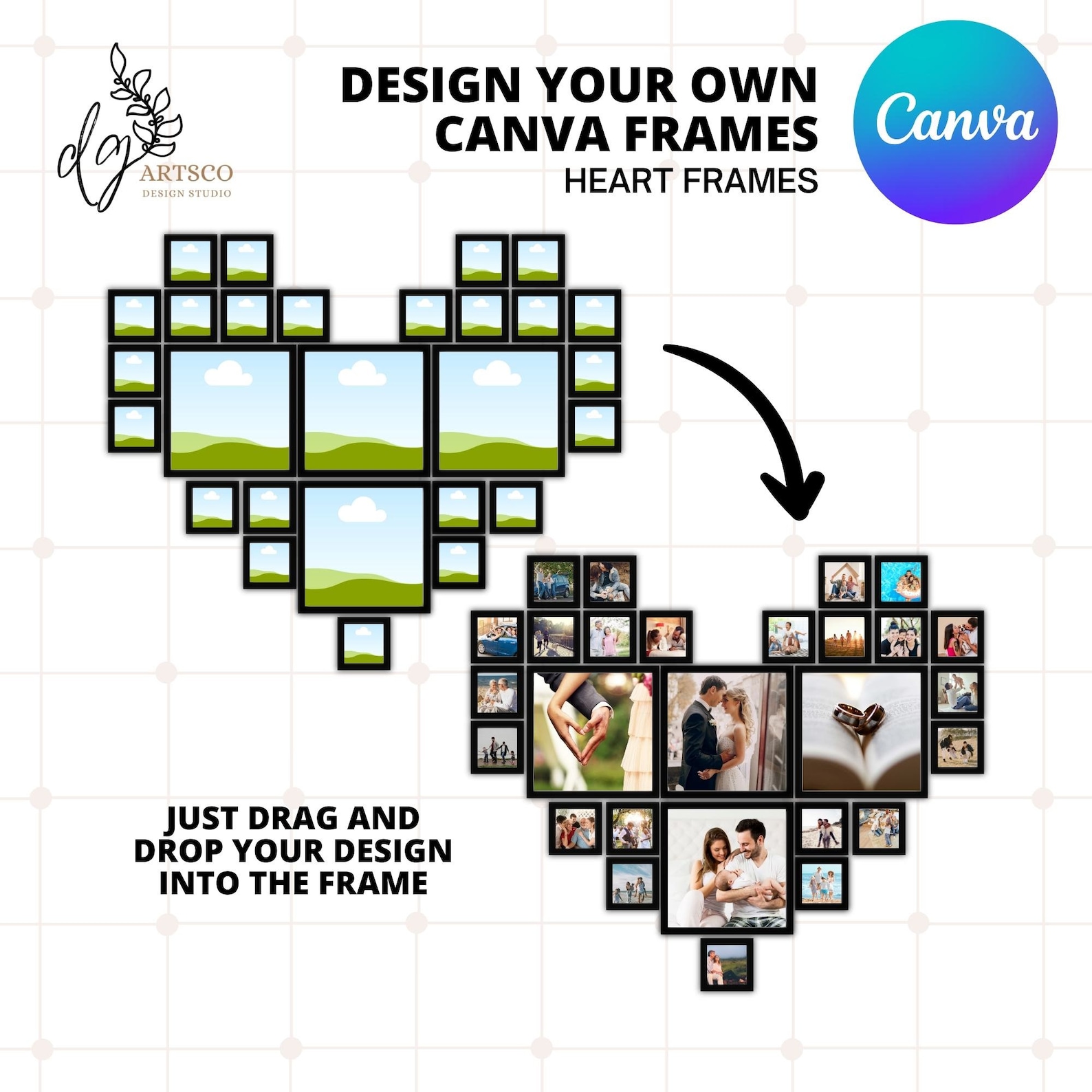 Drag and Drop Canva Frame Template, Heart Canva Photo Collage Custom ...