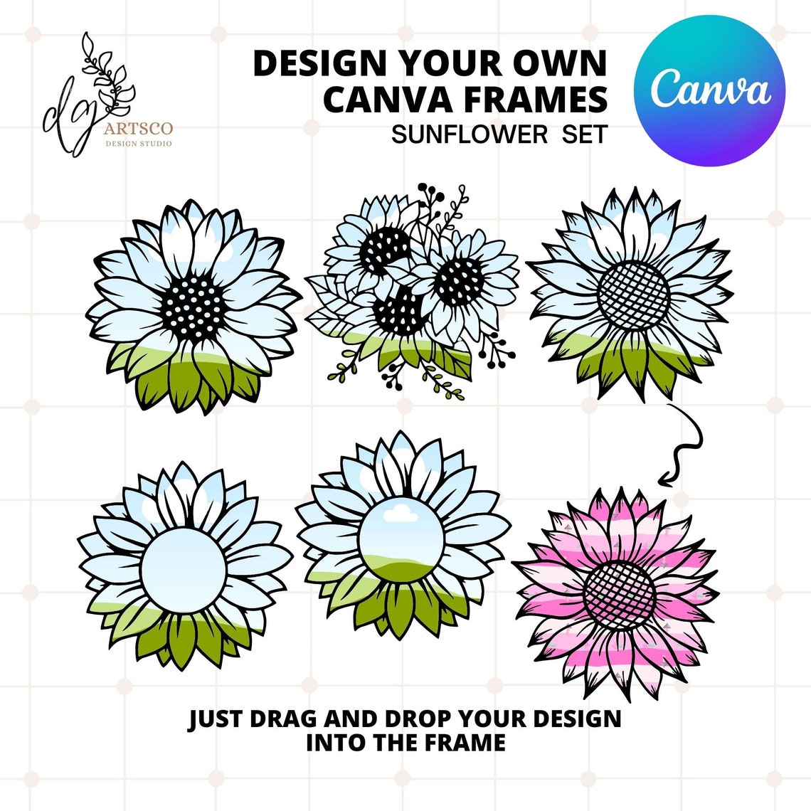 Editable Sunflower Canva Frames, Floral Template, Fill Your Own Floral ...