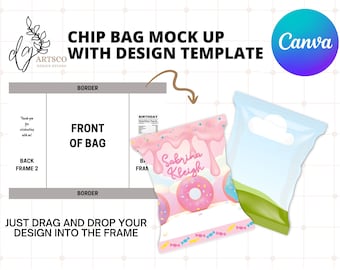 Maqueta de bolsa de chips de Canva Frames con plantilla de diseño de bolsa de chips, maqueta de marco de Canva, personalizar bolsa de chips, arrastrar y soltar Canva