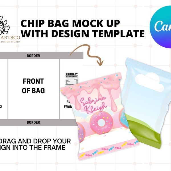 Canva Frames Chip Bag Mockup with Chip Bag Design Template, Canva Frame Mockup, Personalize chip bag , Drag and Drop Canva