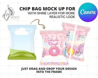 Canva Editable Chip Bag Mockup, Chip Bag Mockup para Canva, Party Favor Mockup, Editable chip bag, Personalizar bolsa de chips, Arrastrar y soltar Canva