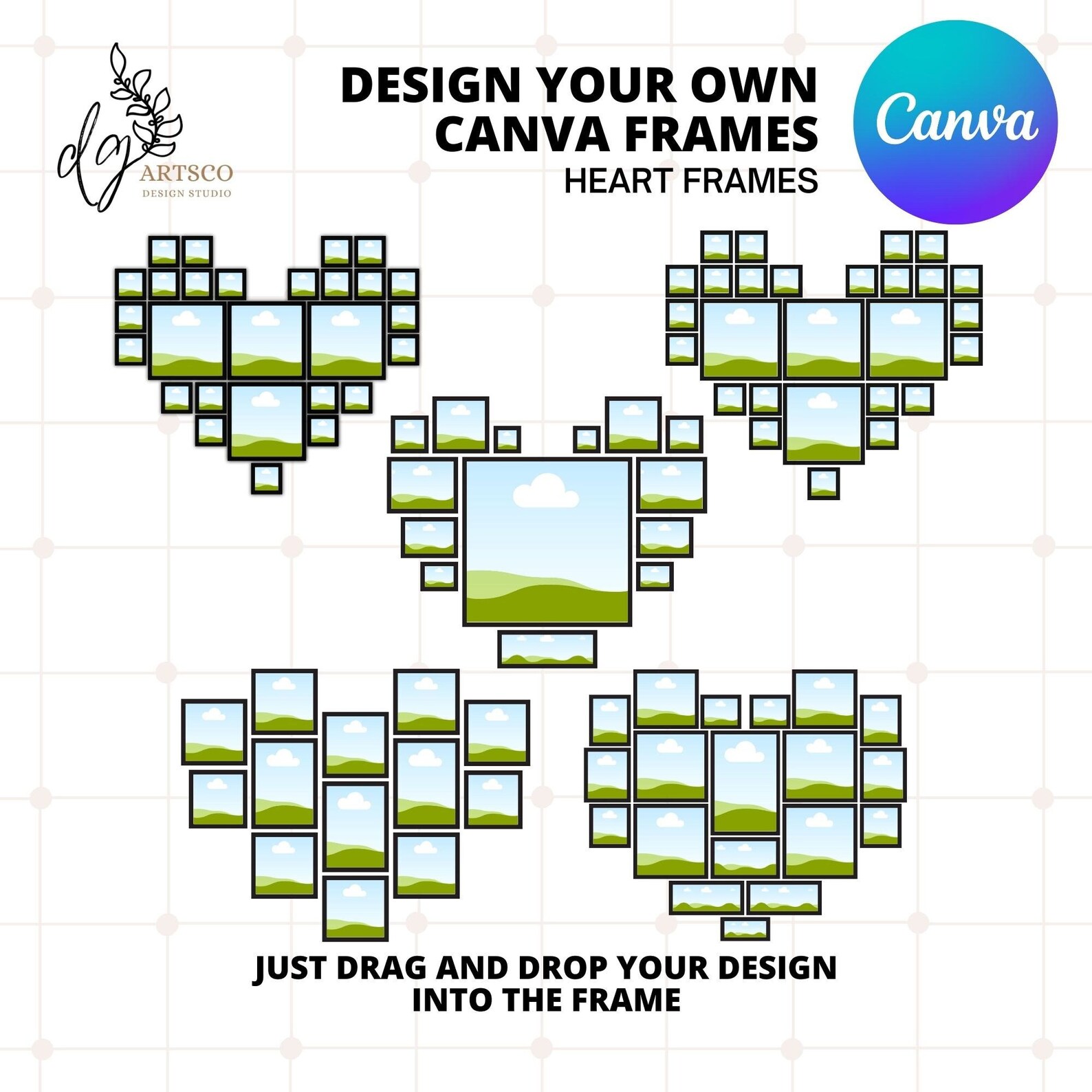 Drag and Drop Canva Frame Template, Heart Canva Photo Collage Custom ...