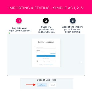 Pode incluir: Uma captura de tela de um site mostrando um guia passo a passo sobre como importar e editar um site. As etapas s&atilde;o numeradas 1, 2 e 3. A etapa 1 &eacute; fazer login na sua conta High Level. A etapa 2 &eacute; colar o link fornecido na barra de URL. A etapa 3 &eacute; aceitar a importa&ccedil;&atilde;o, ir para Sites e come&ccedil;ar a editar. A imagem tamb&eacute;m mostra uma tela de login com campos para e-mail e senha. H&aacute; um bot&atilde;o que diz "Entrar" e um bot&atilde;o que diz "Entrar com o Google".