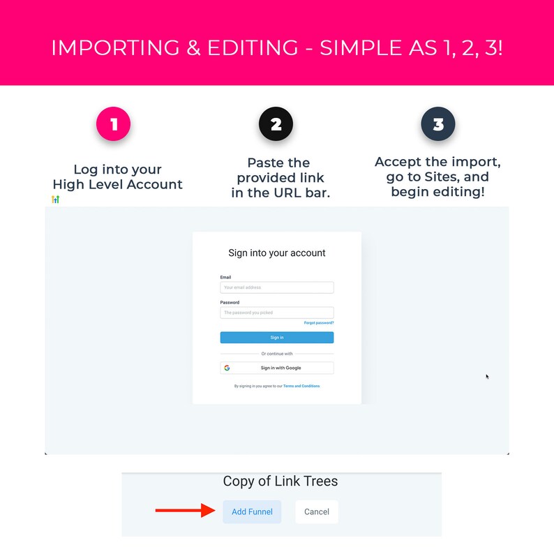 Pode incluir: Uma captura de tela de um site mostrando um guia passo a passo sobre como importar e editar um site. As etapas s&atilde;o numeradas 1, 2 e 3. A etapa 1 &eacute; fazer login na sua conta High Level. A etapa 2 &eacute; colar o link fornecido na barra de URL. A etapa 3 &eacute; aceitar a importa&ccedil;&atilde;o, ir para Sites e come&ccedil;ar a editar. A imagem tamb&eacute;m mostra uma tela de login com campos para e-mail e senha. H&aacute; um bot&atilde;o que diz "Entrar" e um bot&atilde;o que diz "Entrar com o Google".