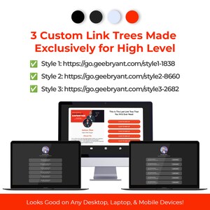 Pode incluir: Tr&ecirc;s estilos diferentes de designs de &aacute;rvores de links para sites. Os designs s&atilde;o mostrados em um computador desktop, um laptop e um telefone m&oacute;vel. O texto no computador desktop diz "Esta &eacute; a &uacute;ltima &aacute;rvore de links que voc&ecirc; jamais precisar&aacute;".