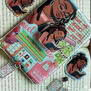 May include: A collection of stickers and accessories with a book theme. The designs include illustrations of a person reading, the text "Meet a Bookstore", and "Buy Me Books and Call Pretty". The color palette includes pink, green, and brown.
