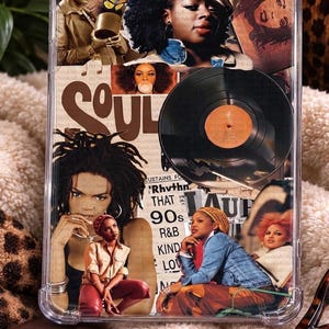 May include: A clear protective tablet case featuring a collage of vintage-style photographs of Black women, a black vinyl record, and text including the word Soul and phrases like Rhythm that 90s R&B Kind Love, arranged in a layered, artistic composition.