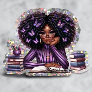 May include: A sticker featuring a Black woman with curly hair adorned with purple butterflies, wearing glasses and a purple striped turtleneck. She is leaning on a table with books and the text "Mybookishlife".