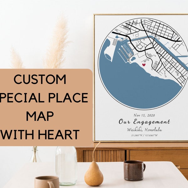 Special Place Map With Heart, Where We Met Map, Custom Location Map, Any Place, Anniversary Gift, Wedding Gift, Special Gift