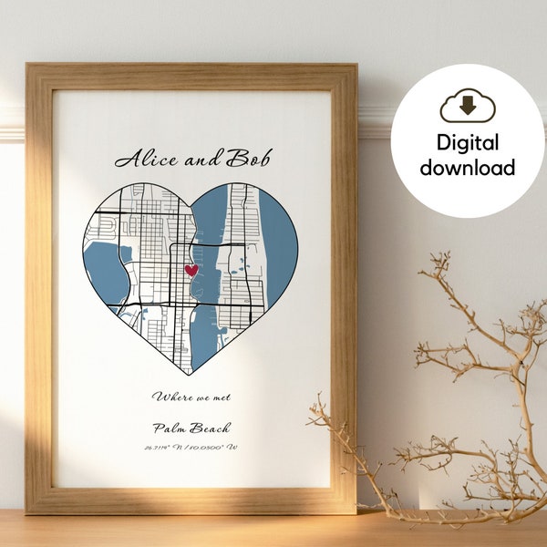 Personalized Custom Heart Map, Where We Met Map, Custom Location City Map, Love Heart Map, Any Place, Anniversary Gift, Digital Download