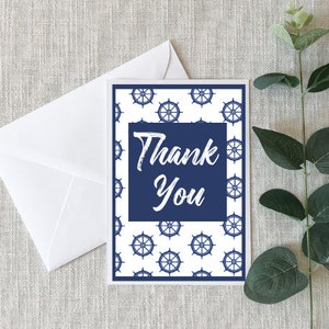 Cartões de agradecimento branco azul marinho com roda de navio náutico - presente de noiva, aniversário, festa de bebê, cartões de agradecimento geral - conjunto de 10 com envelopes
