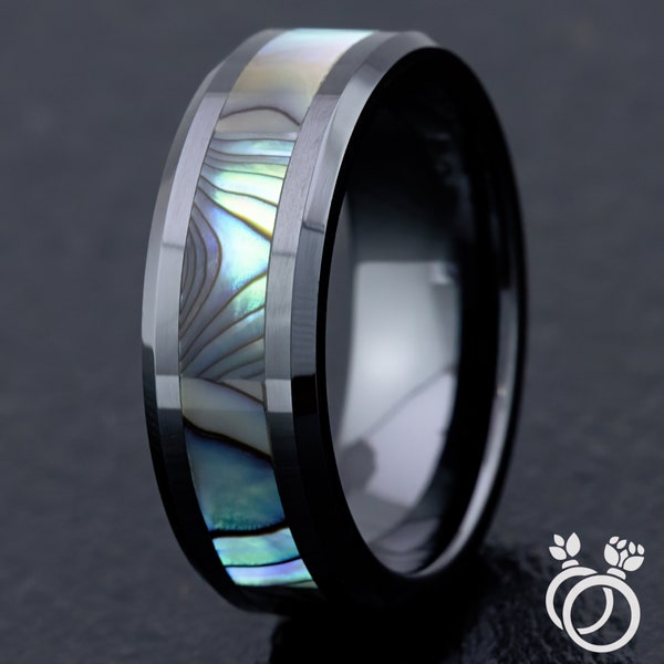 HI-TECH Black Ceramic Beveled Edged Ring with Abalone Pau'a Shell Inlay - 8mm, Flat Shape, Comfort Fitment