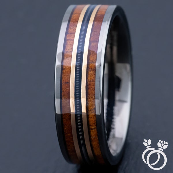 Gun Grey Tungsten Carbide Mid-Rose Gold Strip Ring [7mm width] Guitar String & Hawaiian Koa Wood Inlay - Flat Shape