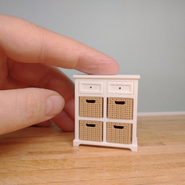 1:24 Cubby Cabinet with Pullout Drawers & Wicker Baskets - Modern Miniature Dollhouse Furniture