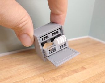 Miniatura de casa de muñecas con lavavajillas a escala 1:24, media escala, gris, con puerta que se abre y miniaccesorios.
