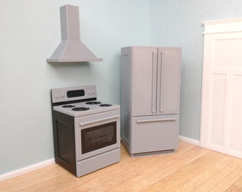 1:24 Dollhouse Kitchen Miniature Fridge, Stove, Hood-fan Appliances, Half Scale - Black &  Grey Stainless Steel