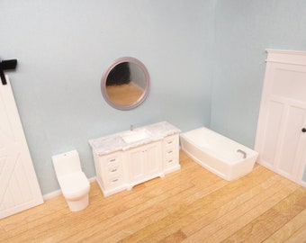 1:24 Miniature Dollhouse Bathroom Vanity Set (Half-Scale) - Vanity with marble countertop, mirror, toilet, & bathtub.
