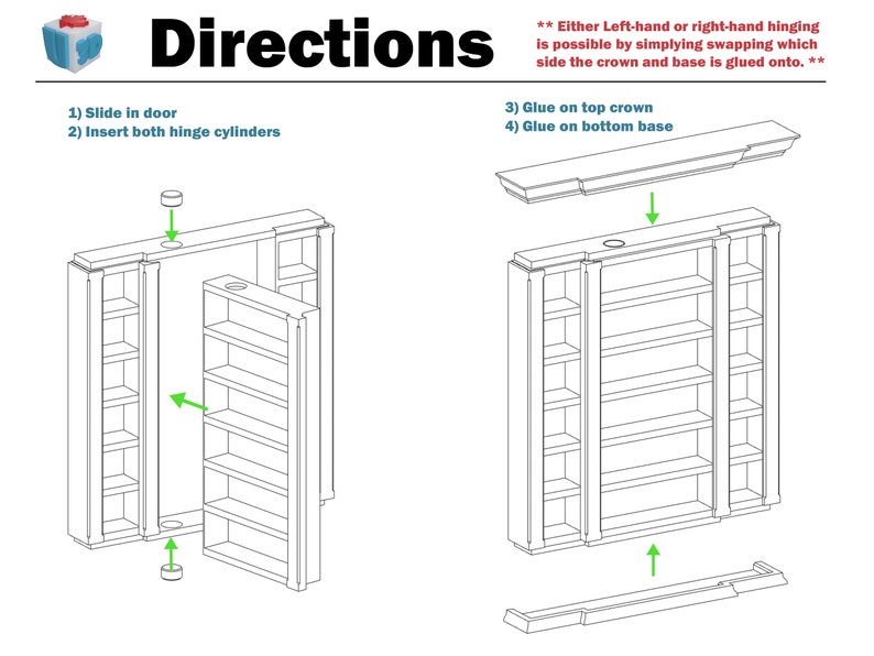 May include: A black and white line drawing illustration of instructions for assembling a bookcase. The instructions show how to slide the door into place, insert the hinge cylinders, glue the top crown, and glue the bottom base. The text reads: "Directions 1) Slide in door 2) Insert both hinge cylinders ** Either Left-hand or right-hand hinging is possible by simplying swapping which side the crown and base is glued onto. ** 3) Glue on top crown 4) Glue on bottom base"