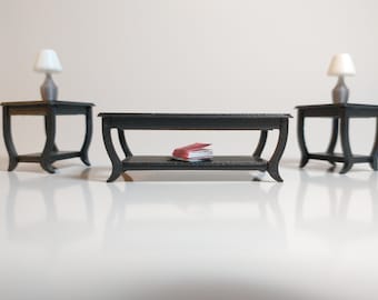 Juego de sala de estar en miniatura para casa de muñecas a escala 1:24, mesas de centro y auxiliares con cristal artificial - KIT DE BRICOLAJE - Media escala