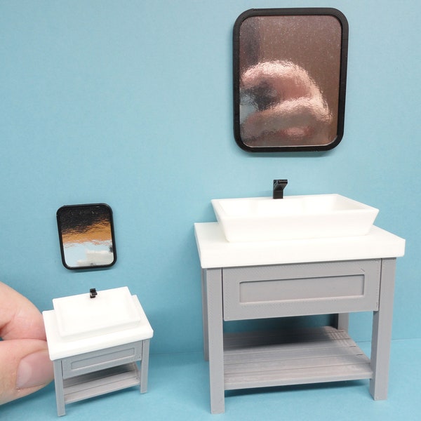 Dollhouse Bathroom Vanity Cabinet & Mirror - Modern: Gray, Black, and White | 1/12 or 1/24 scale