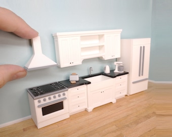 Juego de cocina blanca a escala 1:24 para casa de muñecas, incluye armarios, electrodomésticos pequeños y grandes / Para miniaturas o dioramas detallados