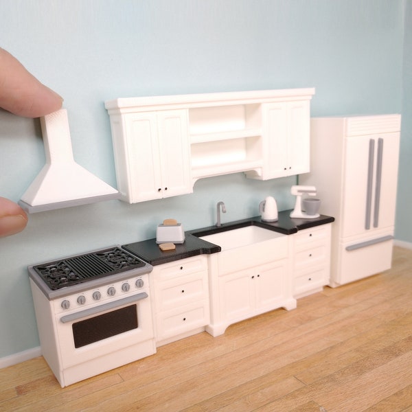 1:24 White Kitchen Set for Dollhouse, Including Cabinets, Small & Large Appliances | For Detailed Miniatures or Dioramas