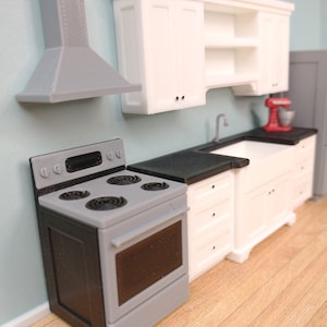 1:24 Dollhouse Kitchen Miniature with Appliances, Half Scale, Fridge, Oven, Optional Stand Mixer - White, Black & Grey Stainless