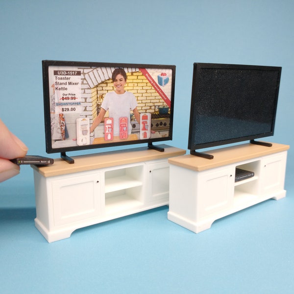 Miniature Flatscreen TV on Stand, Modern Cabinet & Video Box in 1:24 Scale, Dollhouse or Diorama Television