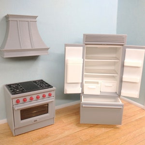 1:24 Dollhouse Miniature Kitchen Fridge, Oven, Hood-fan, and Dishwasher Appliances, Half Scale -Gray, Red, Black, White with Opening Drawers
