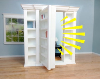 1:24 Dollhouse Library Bookcase Miniature with Secret Hidden Hinged Door - Keep White or Paint. Perfect half-scale cabinet for your diorama.