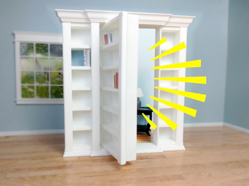 May include: A white bookcase with a secret door that opens to reveal a hidden room. The door is disguised as a bookshelf and is open, revealing a glimpse of the room behind it.