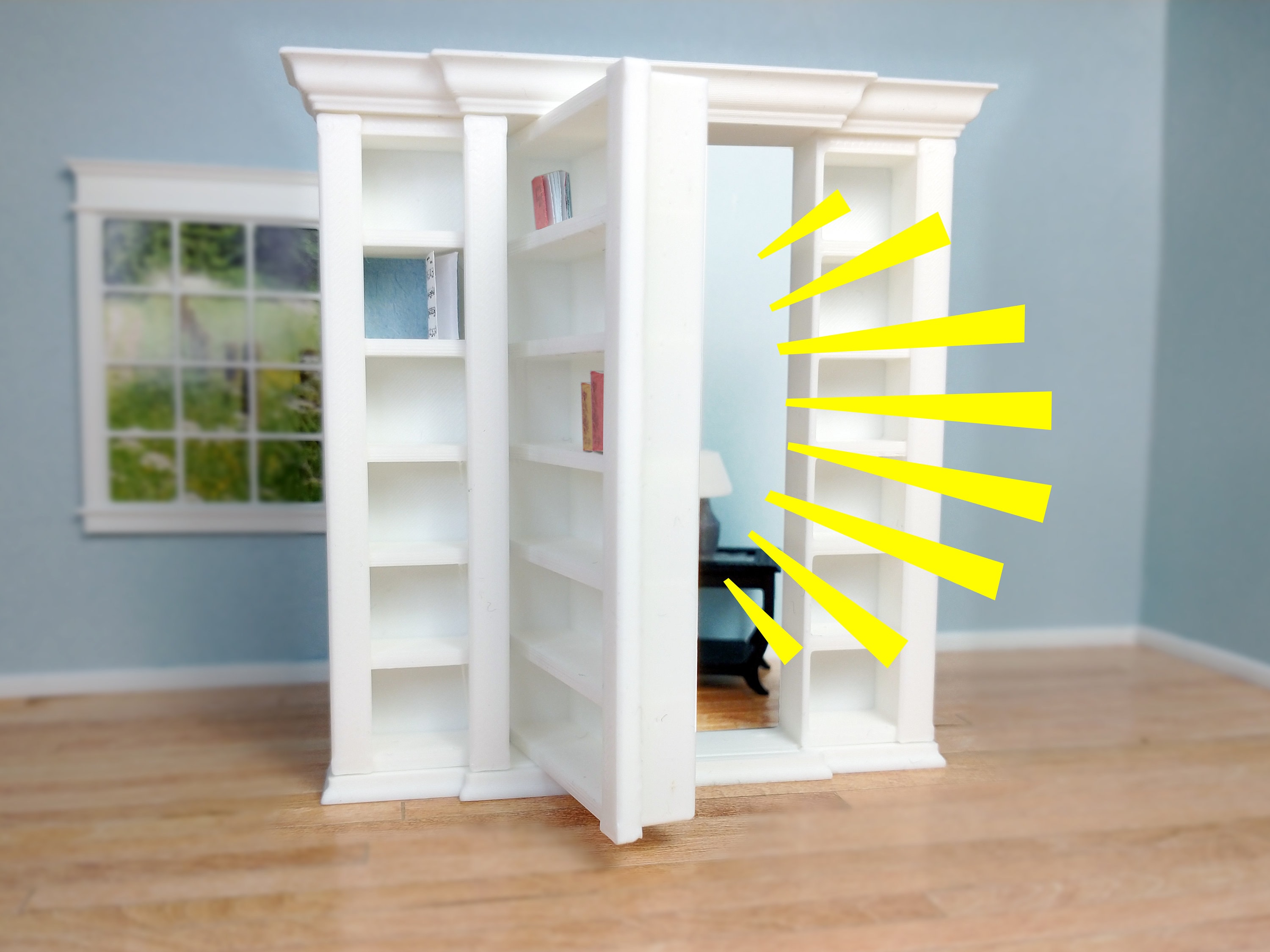 Narrow white shop bookcase with doors