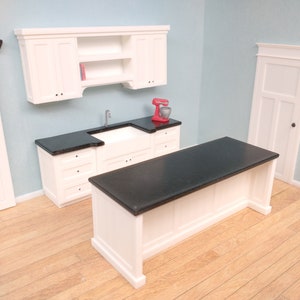 1:24 Dollhouse Kitchen Miniature With Modern Farmhouse Sink - Bases and Uppers, Island, Red Stand Mixer - White and Black Cabinets