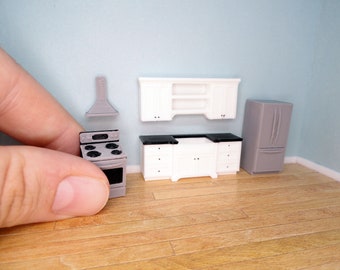 1:48 Dollhouse Kitchen Miniature Cabinets with Appliances, Quarter Scale, Fridge, Oven & Hood. White, Black, Grey - Fully Finished