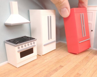 Refrigerador, estufa y campana extractora para casa de muñecas a escala 1:24 - Juego de cocina en rojo o blanco - Miniatura a media escala