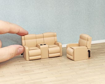 Sofá de dos plazas y sillón reclinable para casa de muñecas a escala 1:24