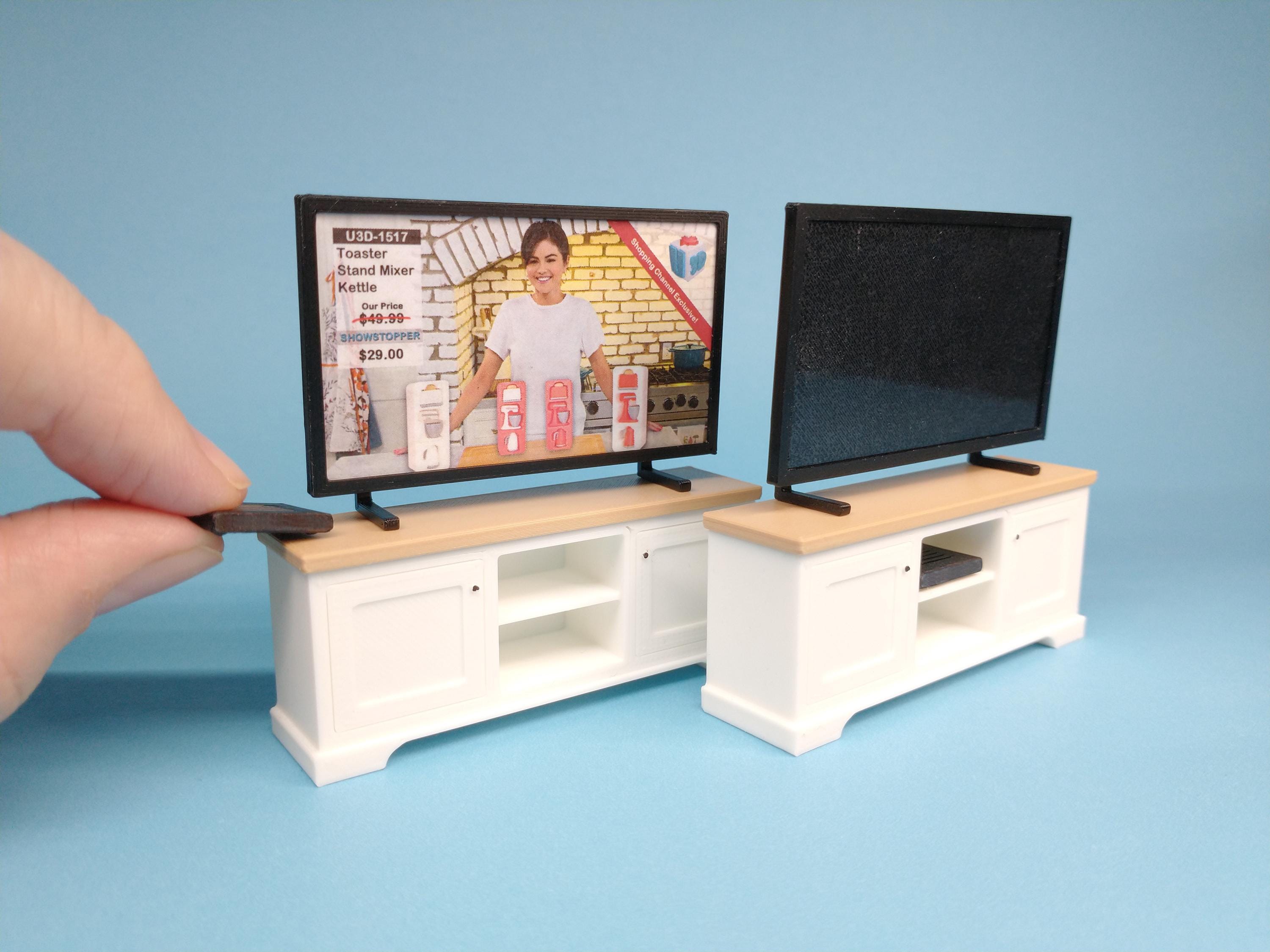 Miniature Flatscreen TV on Stand, Modern Cabinet & Video Box in 1:24 Scale, Dollhouse or Diorama Television
