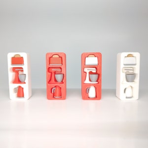 Miniature Kitchen Appliances - Kitchenaid Mixer, Toaster, Tea Kettle & Display Case - Red, White, and Gray - 1:24 Scale Dollhouse minis.