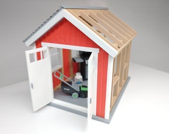 Miniature Red and White Garden Shed - 1:24 Scale Diorama or Dollhouse Outdoor Scene - Unassembled DIY Kit, or assembled.