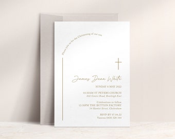 May include: A white card with gold text announcing the christening of James Dean White. The card includes the date, time, and location of the ceremony and reception.  RSVP information is also included.