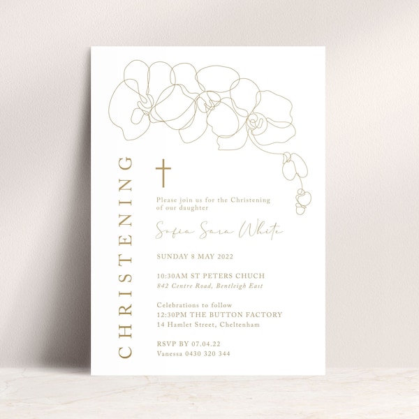 Christening Baptism Gold Orchid Flower Invitation, Instant Download, Editable, PDF Printable, Modern