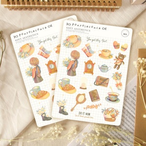 zachte esthetische bujo-stickers, licht academia briefpapier, dagboekstickers voor planners, kawaii kunstbenodigdheden, paasmandvuller voor tieners