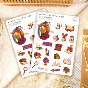 library book stickers for school, booklover stickers sheet, journal stickers for planners, dark academia sticker set of 20, whimsical witch