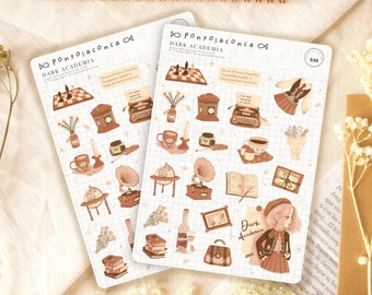 May include: A sheet of stickers with a dark academia theme. The stickers feature illustrations of books, a globe, a gramophone, a chessboard, a typewriter, a candle, a bottle of wine, a cup of coffee, a vintage suitcase, and a girl wearing a brown jacket and a plaid skirt. The text "Dark Academia" is written on the stickers.