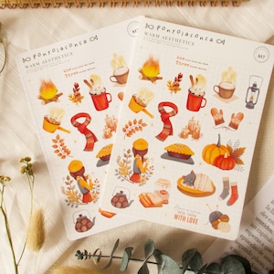 warm aesthetic stickers for journal, autumn fall sticker set of 20, penpal gift, leave stickers for planner, camping scrapbook, cozy home
