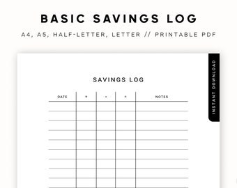 Basic Savings Log, Savings Goals Tracker, Undated Financial Planner, Simple Minimalist Printable, Inserts, A5/Half Size/A4/Letter